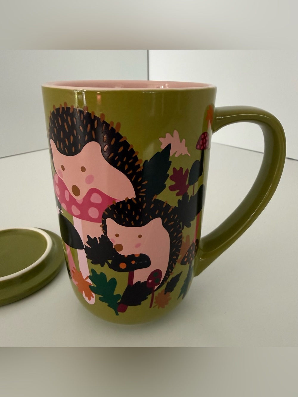 DAVIDsTEA Olive Green Hedgehog & Mushroom Ceramic Tea Mug with Lid HTF